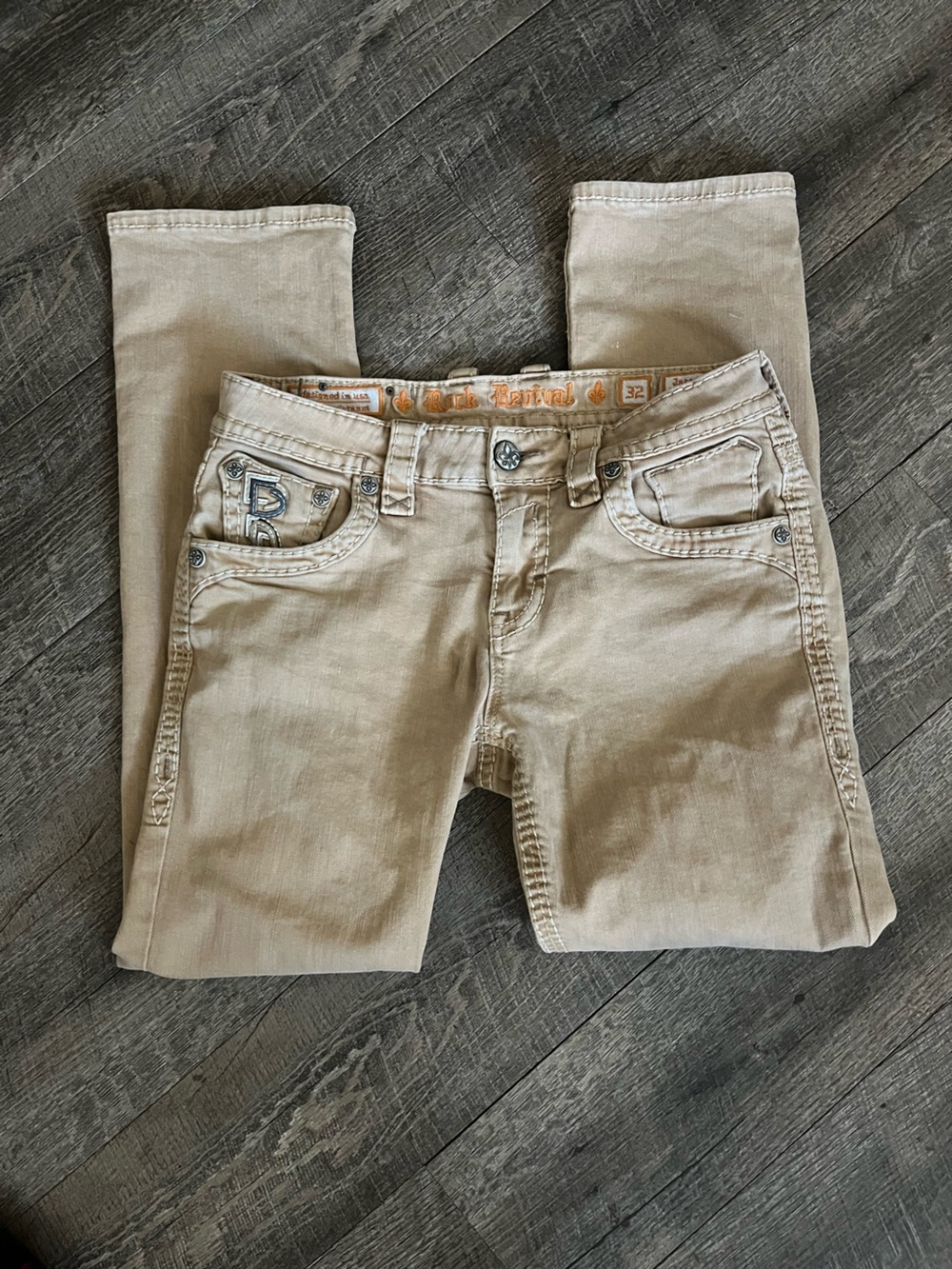 Rock Revival Men's Straight Jeans in Beige Khaki